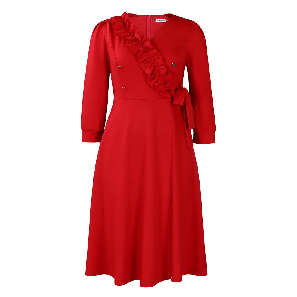 Women's New Fashion Temperament Solid Color V-neck Pleated High-waisted Pendulum Dress Dress