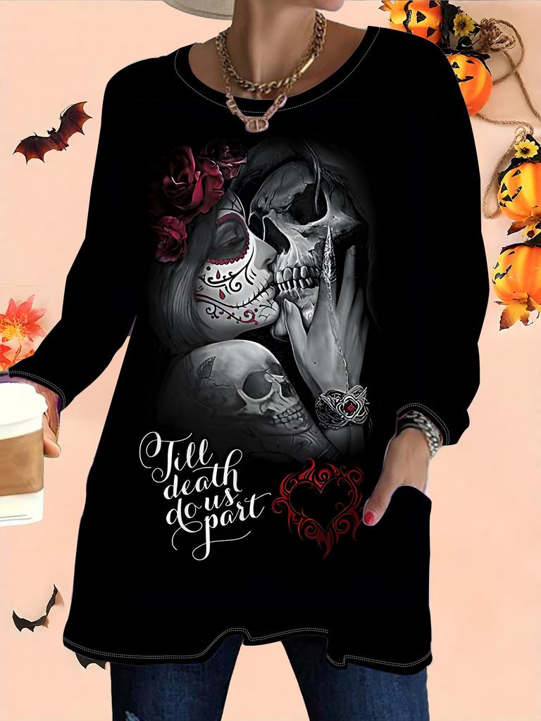 2025 Autumn Winter New Plus Size Women's Tops, Halloween 3D Print Fashion Crew Neck Long Sleeve T-Shirts