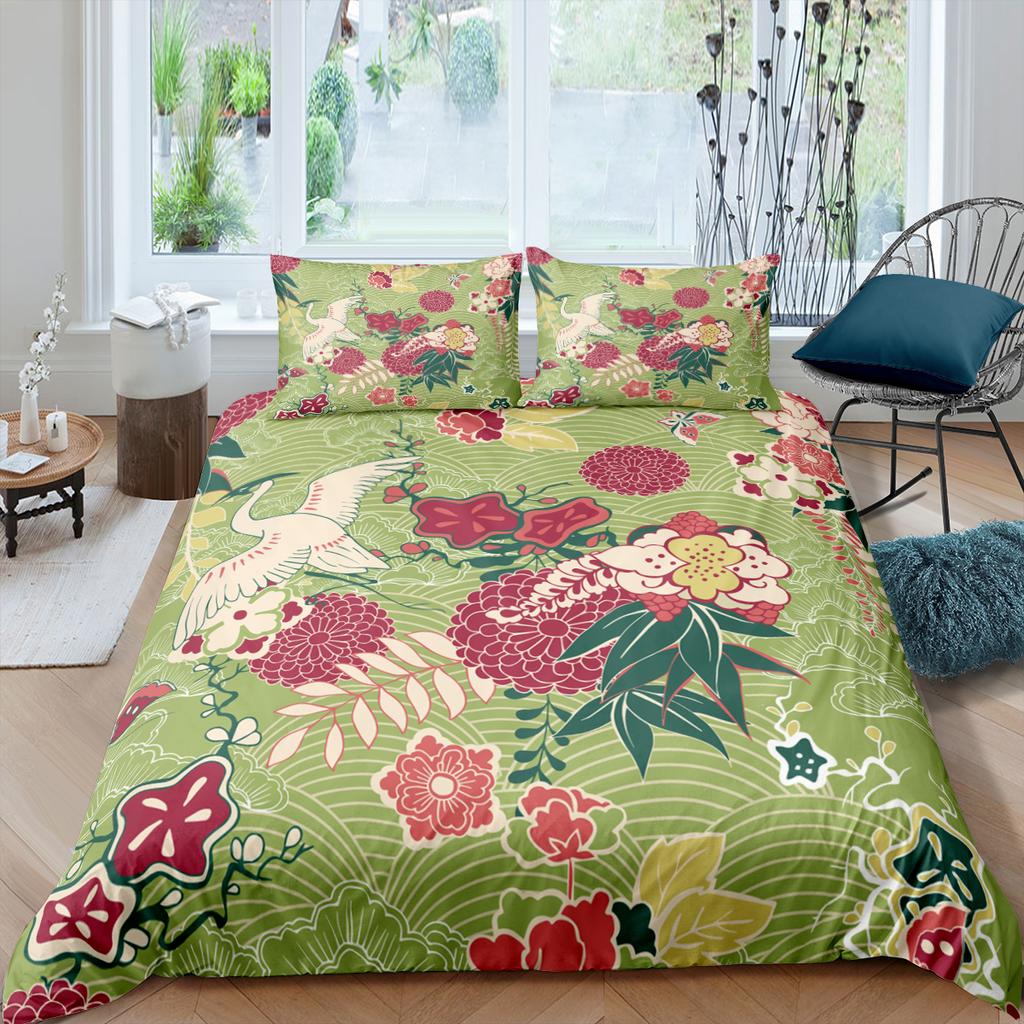 Japanese Crane Duvet Cover King Queen Size Wave Flower Ukiyo-E Style Bedding Set Eastern Culture 2/3Pcs Polyester Quilt Cover