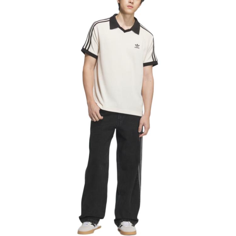 Adidas Originals Waffle Short Fashion Soft Comfortable Striped Versatile Polo Shirt Unisex Tops White JV9265