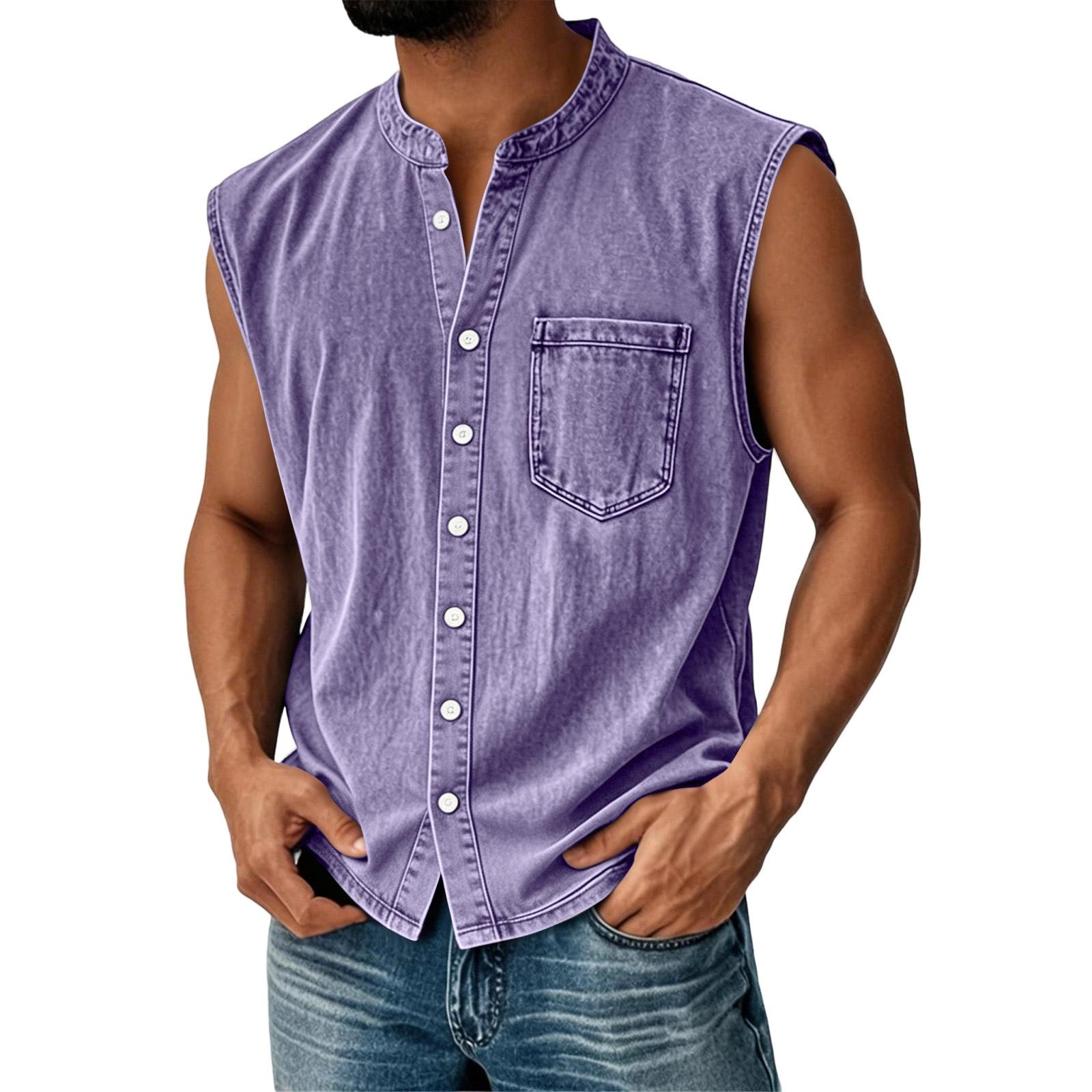 

Men s Summer Fashion Distressed Washed Denim Shirt. Men s Casual Sporty Sleeveless Button-down Vest. XL фіолетовий