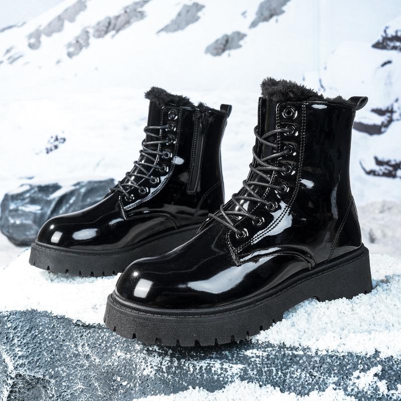 Martin Boots High-top British Style Glossy Leather Mid-top Leather Shoes Boots Winter Thick-soled Velvet Thermal Cotton Shoes