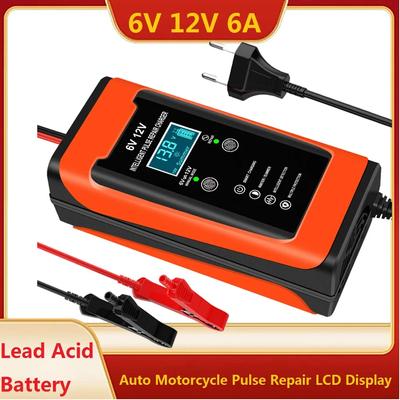6V 12V 6A Car Battery Charger Universal Smart Fast Charge Cycle GEL Lead-Acid Charger Auto Motorcycle Pulse Repair LCD Display