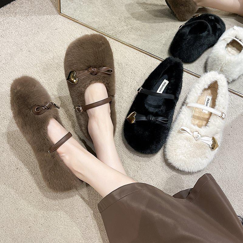 Soft-soled Cotton Shoes French Mary Jane New Plush Shoes Women's Winter Wear Warm 2025 Doudou Shoes Bow