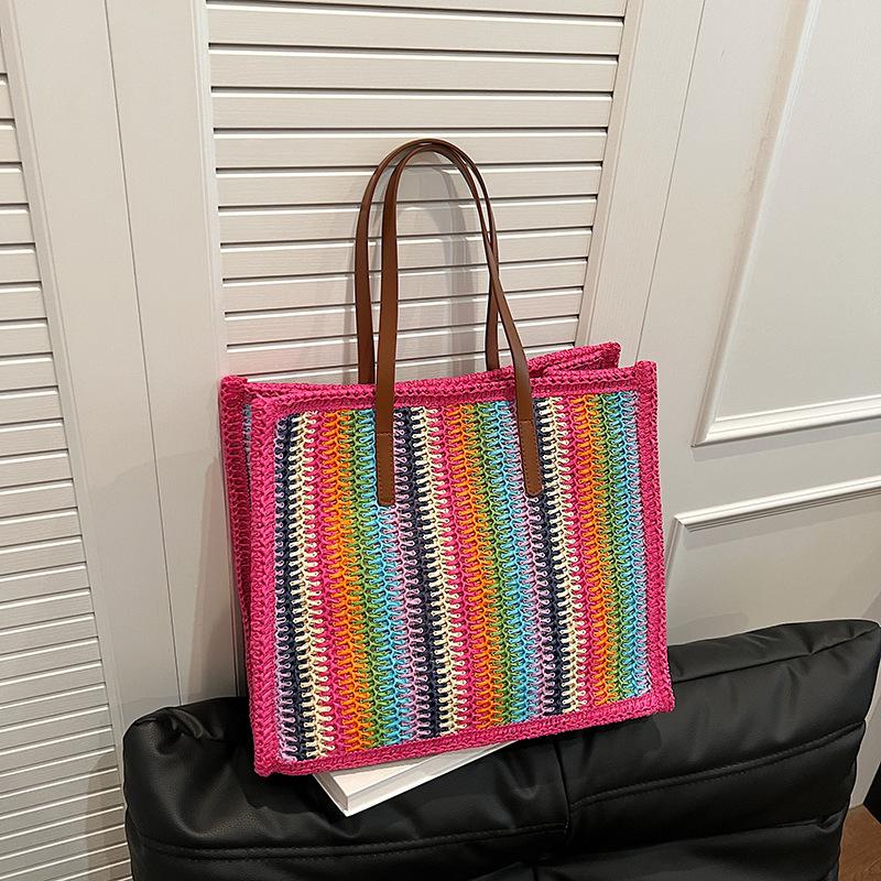 Bag Women's Summer Straw Bag New Woven Color Striped Tote Fashion Large Capacity Shoulder Bag