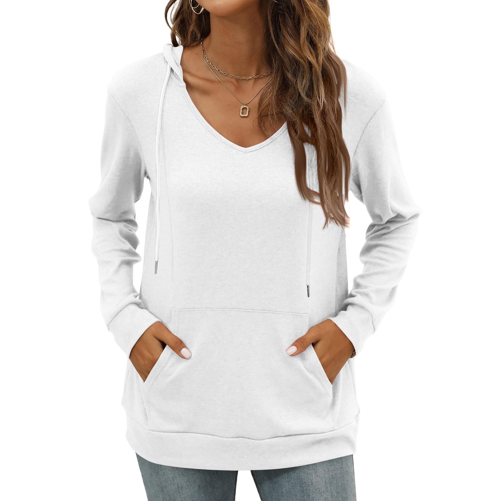 

Женская мода повседневная V-образный вырез длинный рукав однотонный карман шнурок капюшон топ M белый