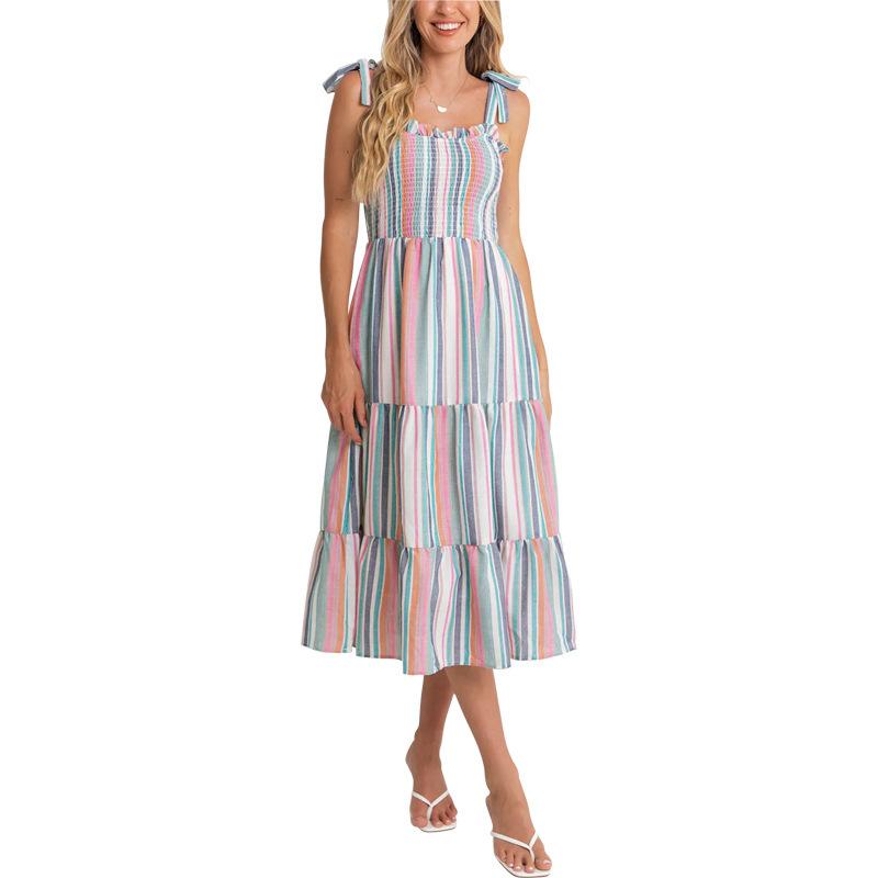 New sweet wind color vertical stripe suspender dress skirt summer women