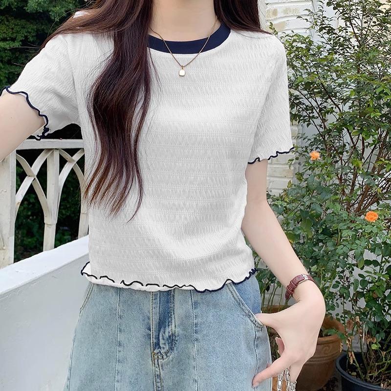 

Contrast color round neck fungus short-sleeved t-shirt for women summer shoulder chic niche design western style bottoming top ins XL