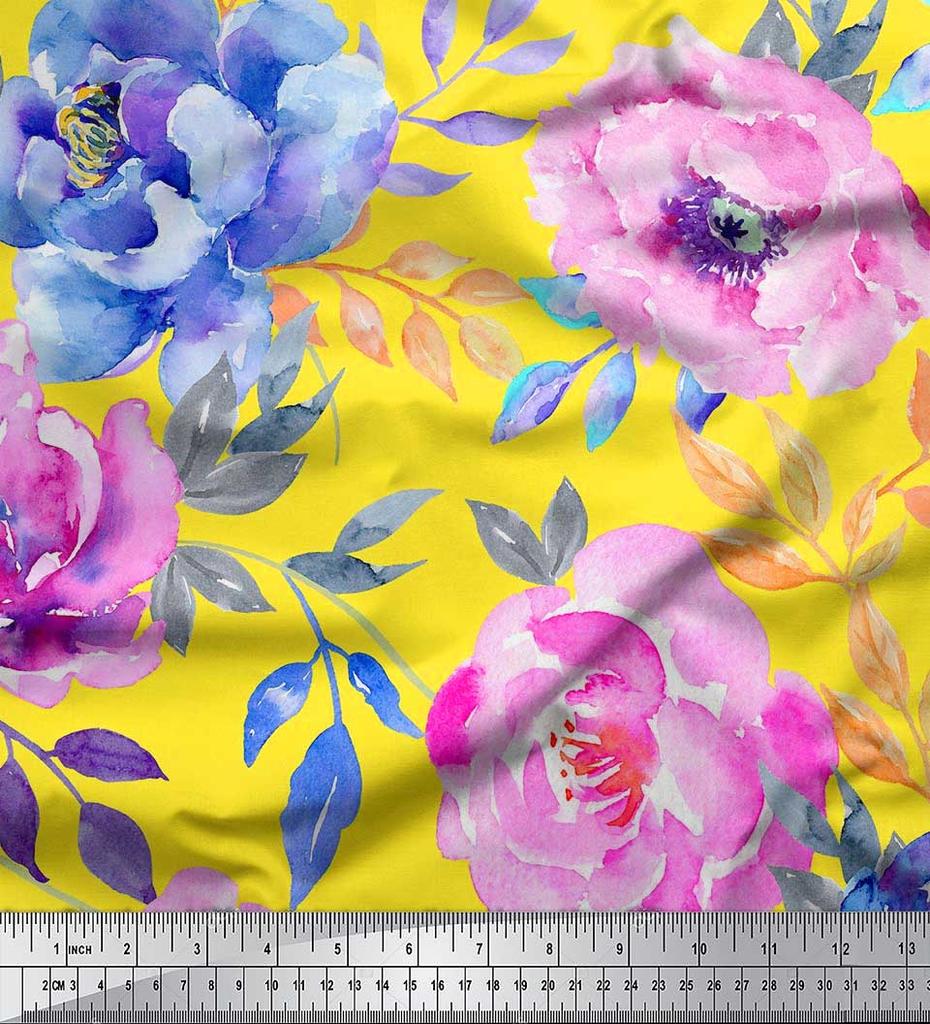Soimoi Japan Crepe Satin Fabric Leaves & Peony Flower Print Fabric by the Metre 42 Inch