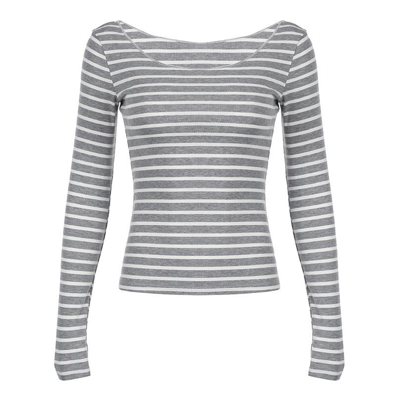Women's Striped One-shoulder Long-sleeved Top Slouchy Wind Niche Hundreds of Light Cover-up Meat Thin T-shirt