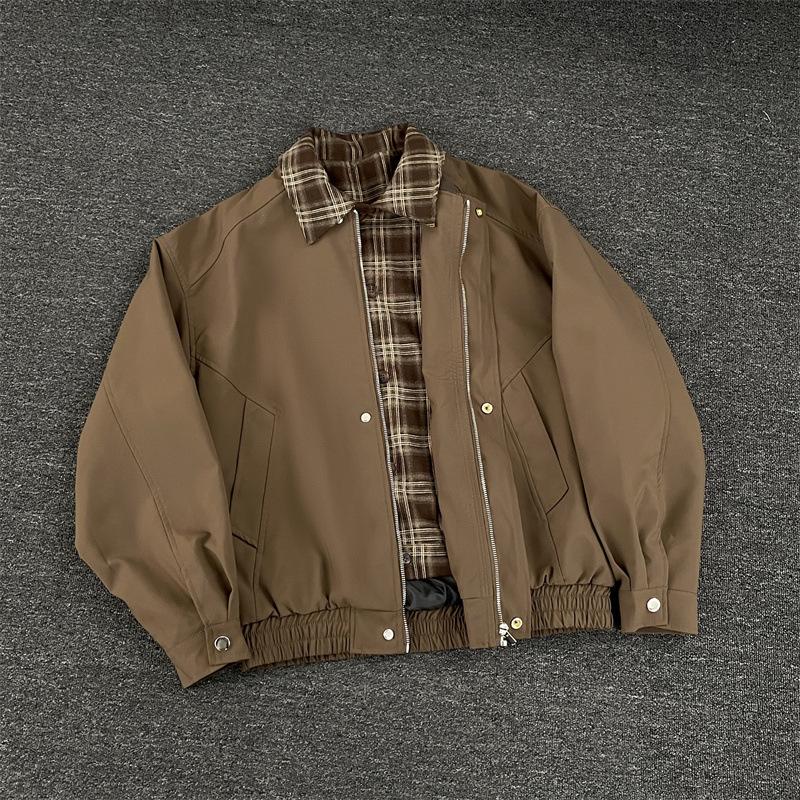 Men's Retro Plaid Patchwork Flight Jacket - Brown Casual Baseball Style