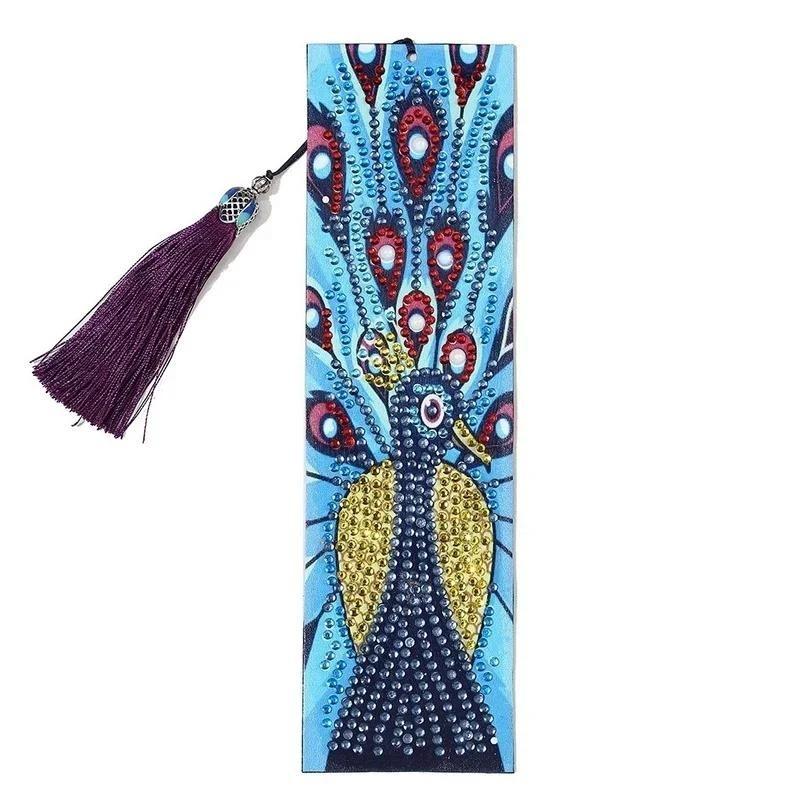 New DIY Point Bookmark Peacock Shaped Diamond Painting Leather Tassel for Girl Gift Cute Stationery School Supplies