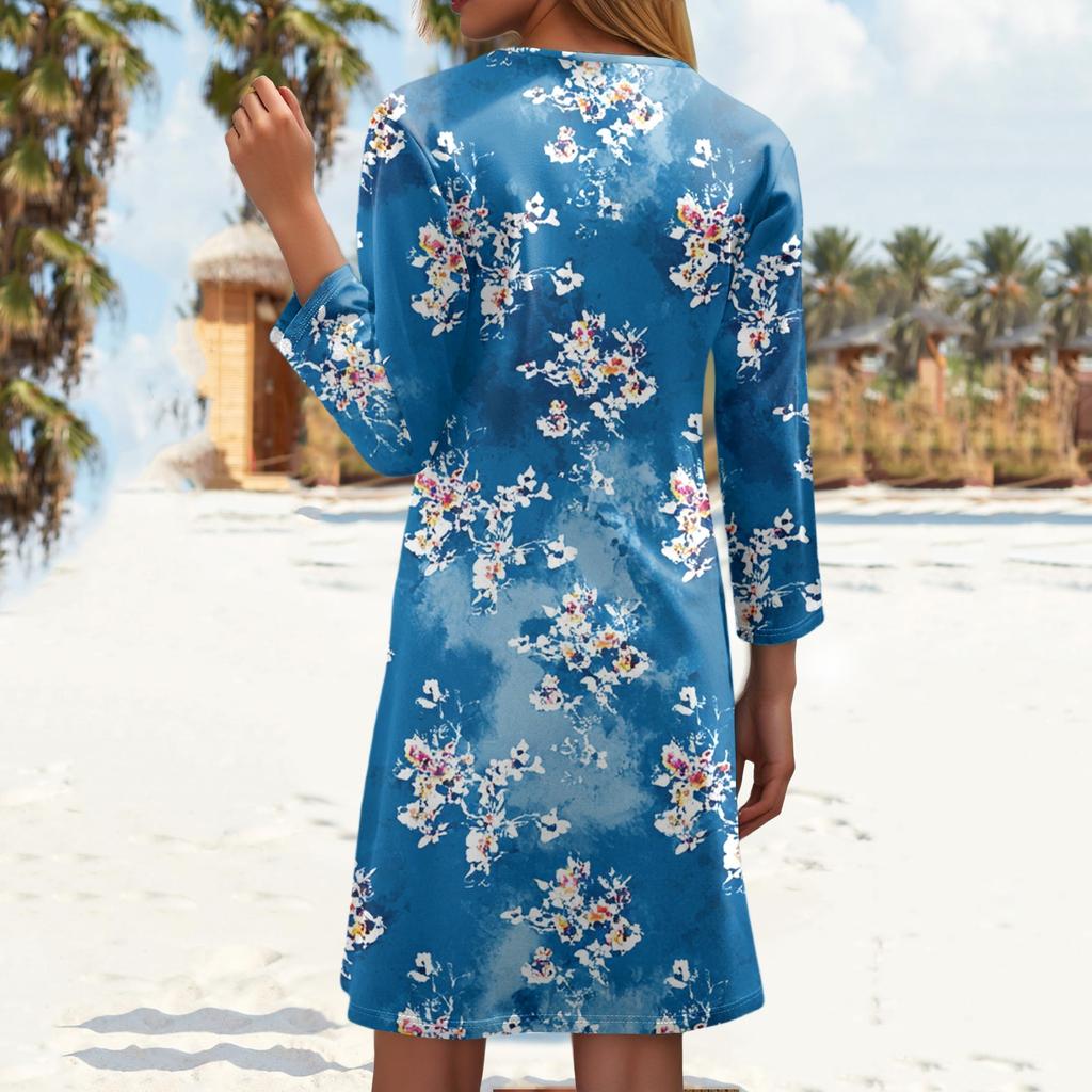 Women's Fashionable V-Neck Button Seven Part Cuff Pocket Floral Dress