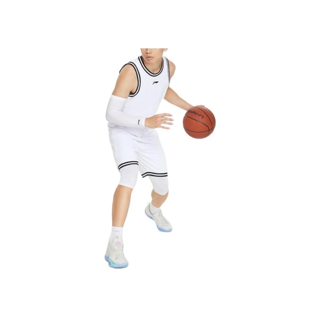 Li Ning Sports Basketball Series Logo Print Striped Round Neck Vest Shorts Set Men Sportswear White AATS003-4