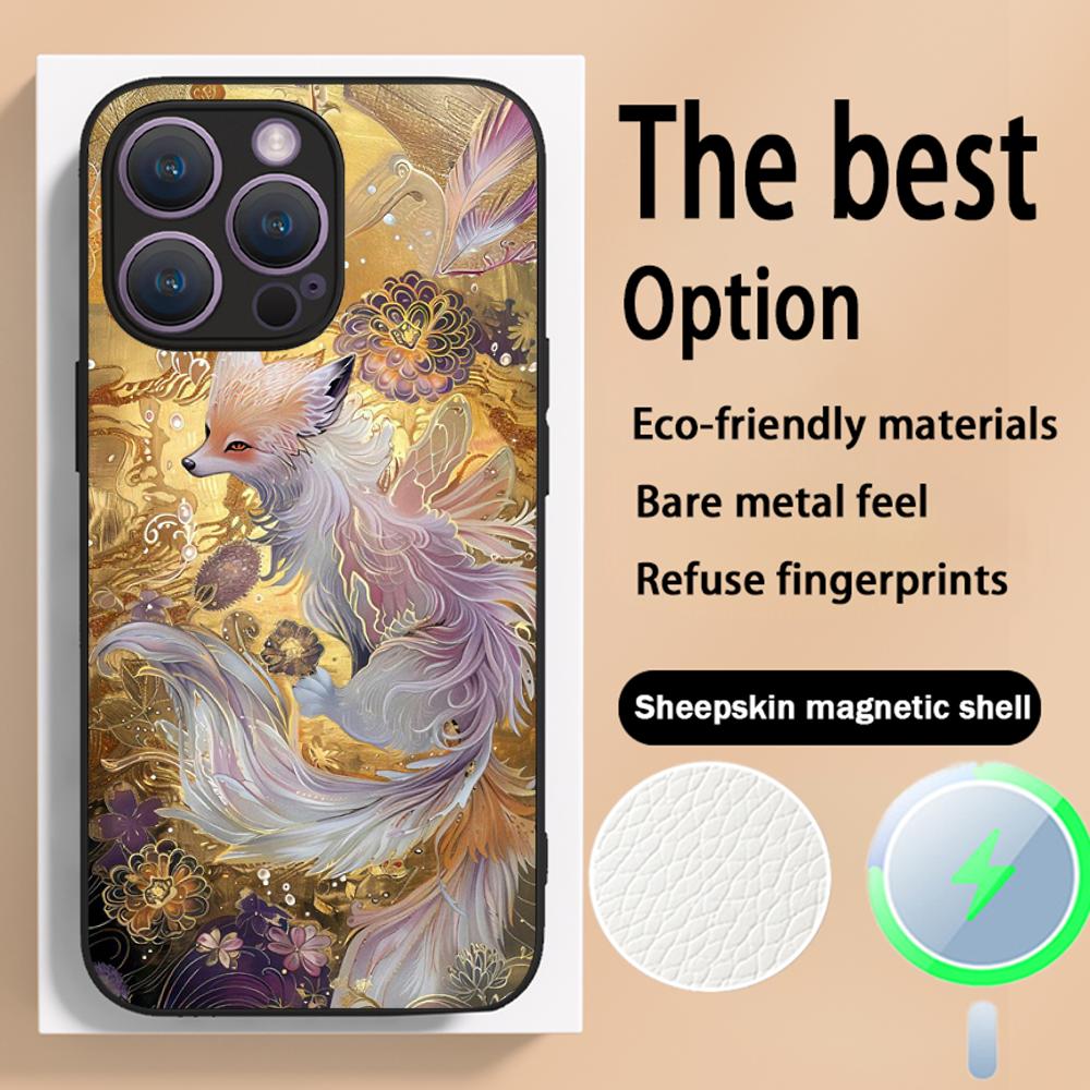 Nine-tailed fox art fashion design Phone Case For iPhone 16 15 14 13 12 11 Plus Pro Max High-end Luxury Magsafe Sheepskin