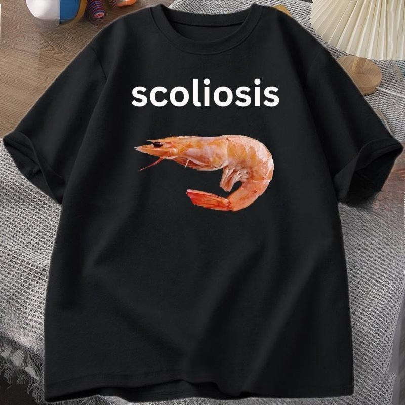 Shrimp with Scoliosis Graphic T Shirts Funny Curved Shrimp Meme T Shirt Seafood Humor Tee Cotton Short Sleeve Round Neck Tops
