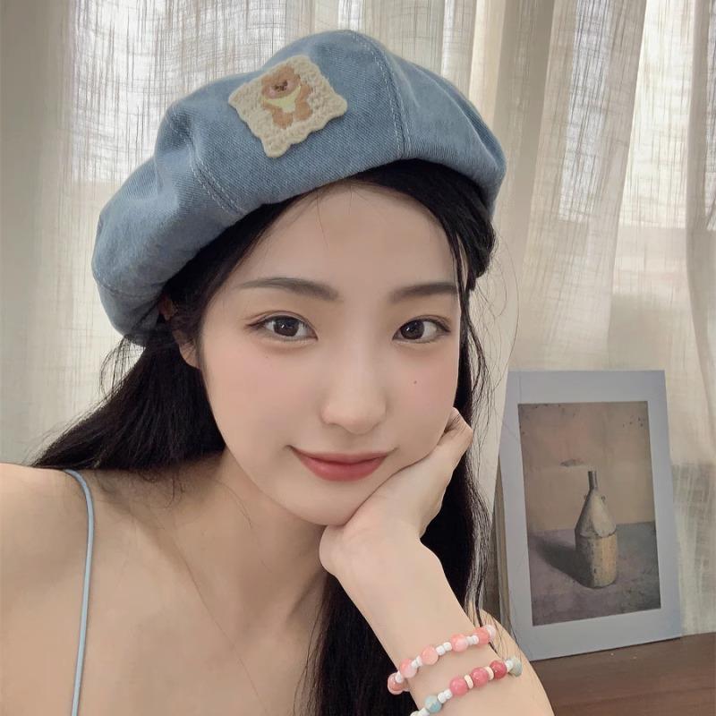 Bear Sticker~ New Denim Beret Women's Summer Thin Breathable Retro Sweet Versatile Fashion Painter Hat