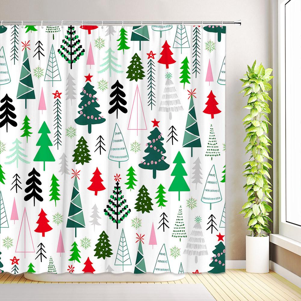 Merry Christmas Shower Curtain Xmas Tree Winter Snowflake Star Pine New Year Bath Curtains Fabric Bathroom Decor with Hooks