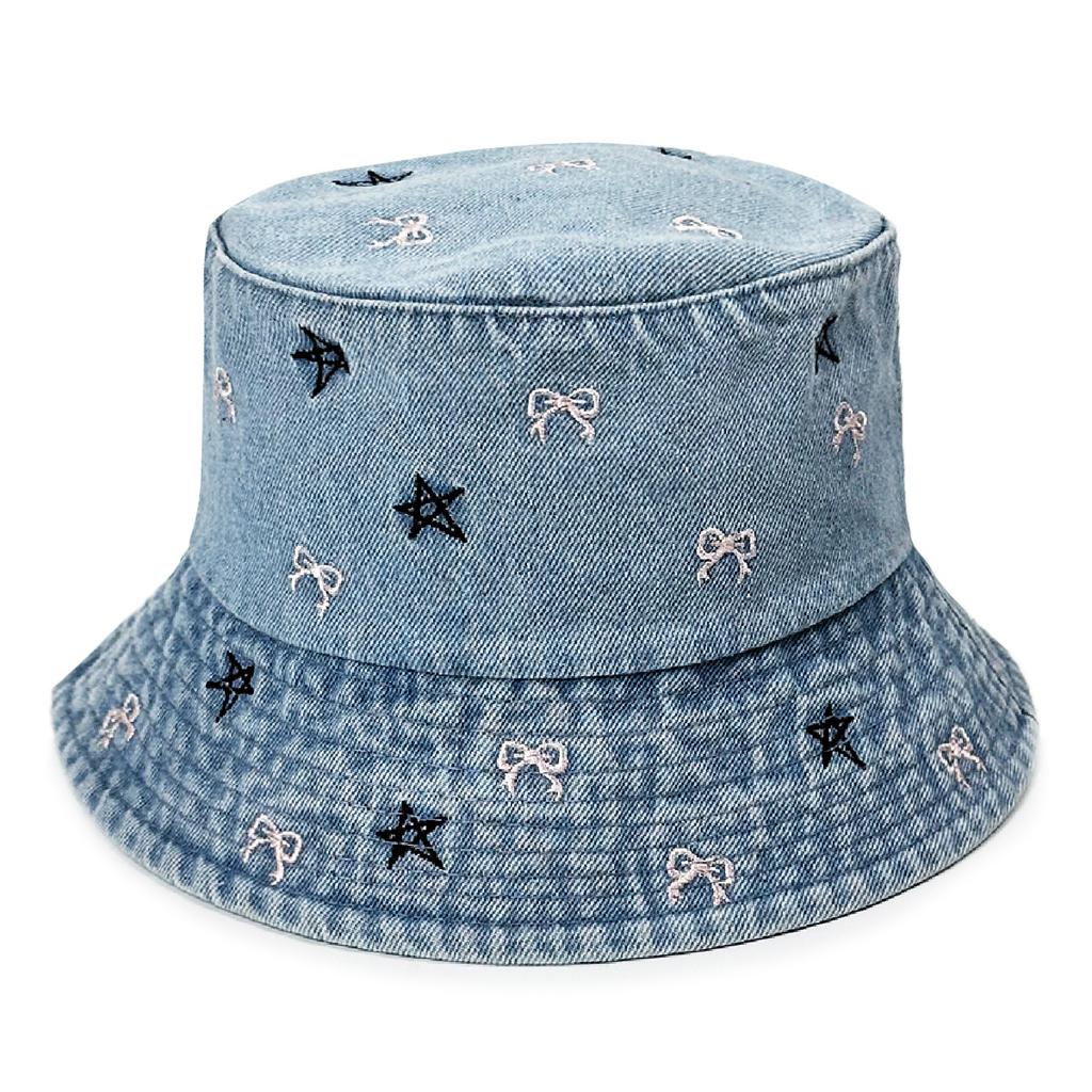 Korean Bow & Star Embroidered Denim Fisherman Hat, Sun Protection Hat, Washed Cotton