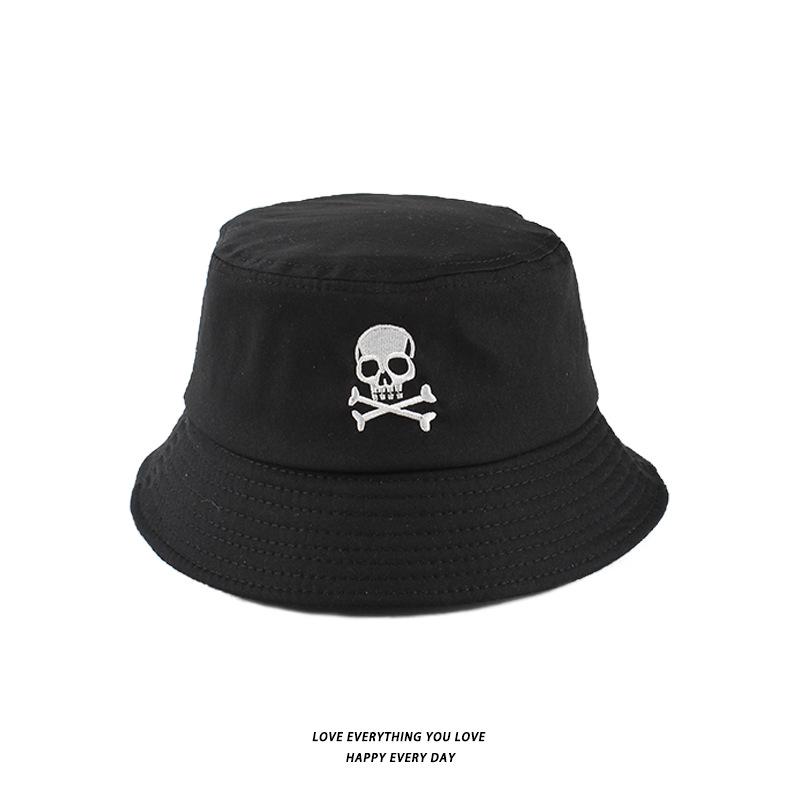 Bucket Hats Men And Women Skull Embroidered Fisherman Hat, Single-Sided Black Street Fashion Foldable Sunhat