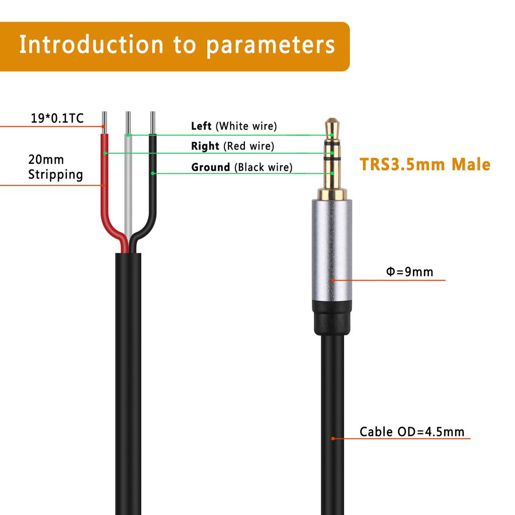 3.5mm Male Plug To Bare Wire Open End TRS 3Pole Stereo 1/8in 3.5mm Audio Cable for Headphone Speaker Repair Replacement