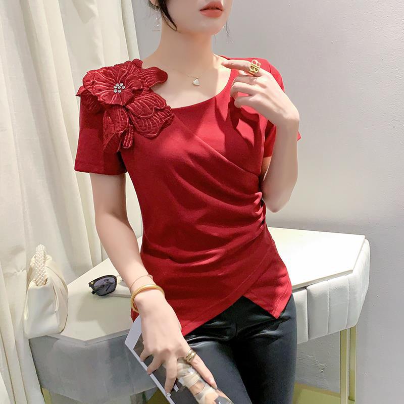 

Приталенная асимметричная женская футболка на лето 2024: Трендовый дизайн с коротким рукавом в иностранном стиле XL красный