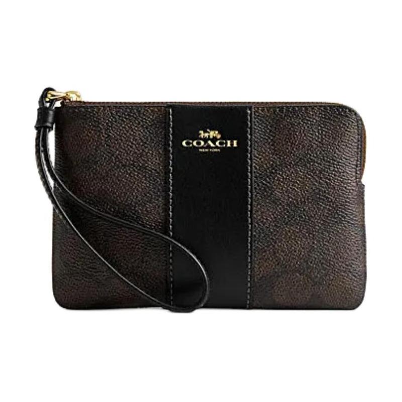 

COACH Corner Zip 16 Logo zipper closure Faux leather and cowhide split leather Wrist bag Clutch Small Women s Walnut and black чёрный