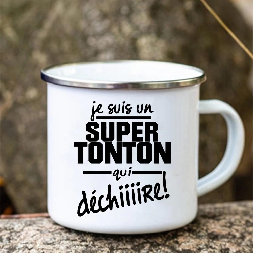 Super Tonton Papy Printed Funny Enamel Creative Coffee Cups Camping Mugs Handle Drinkware Vacation Mug Father's Day Best Gifts