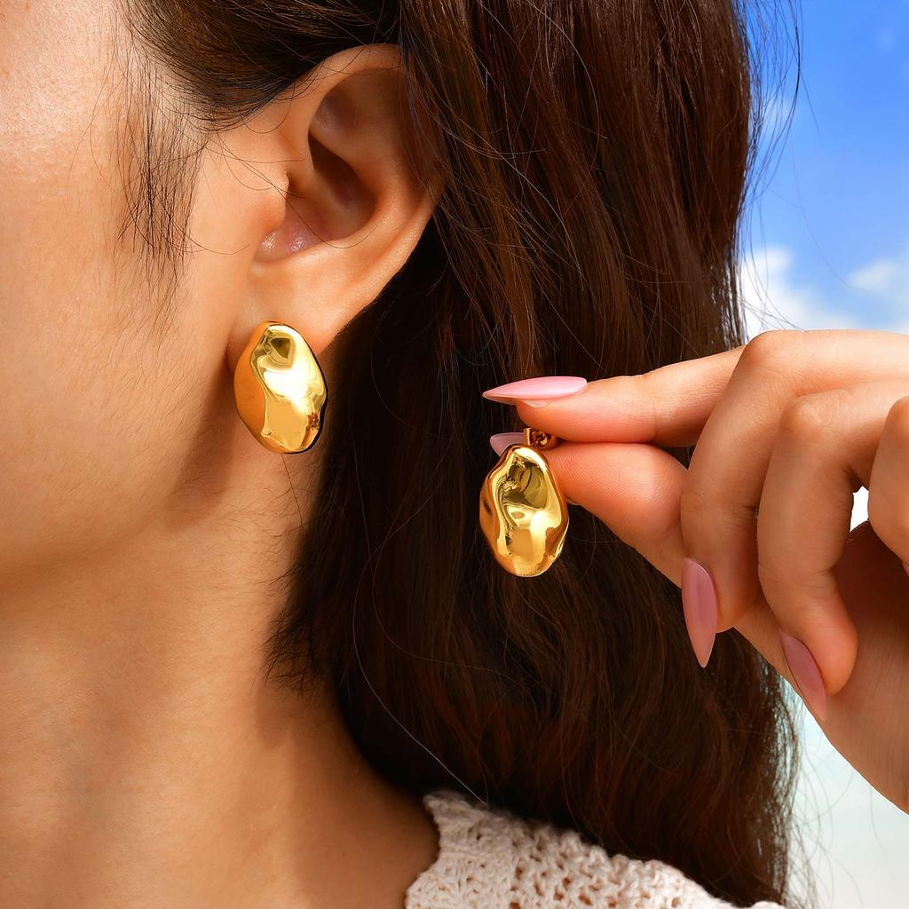 Vintage Oval Irregular Stainless Steel Stud Earrings for Women, Exaggerated Personality Design Gold Plated Earrings Jewelry