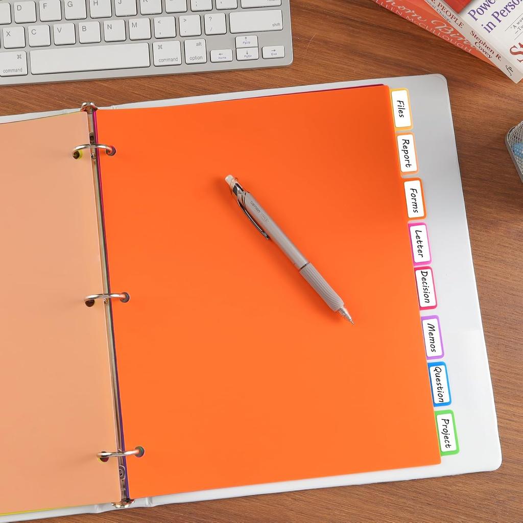 Binder Dividers with Tabs, 8 Tab Sturdy Plastic Dividers for 3 Ring Binder, Colorful Dividers for 3 Ring Binder Page Protectors, 3 Ring Binder