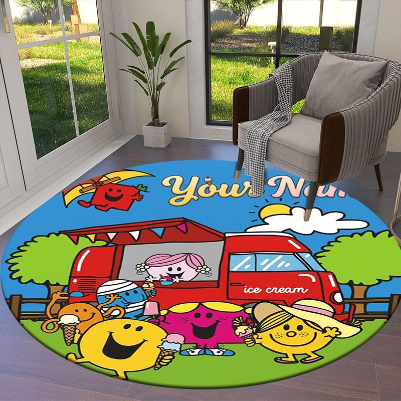 Mr. Men Little Miss Custom Name Round Area Rug,Carpet Rug for Living Room Bedroom Sofa Playroom Decor,Non-slip Floor Mat