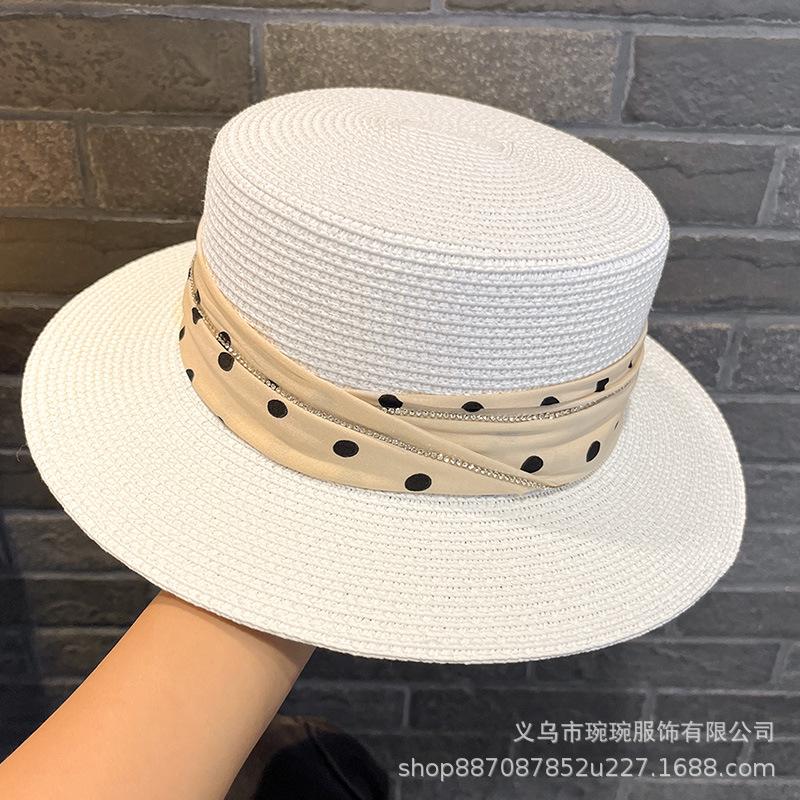 Polka Dot Rhinestone Ribbon Straw Hat Women's French Summer Seaside Vacation Sun Hat Fine Grass Weaving Sunshade Tea Party Top Hat