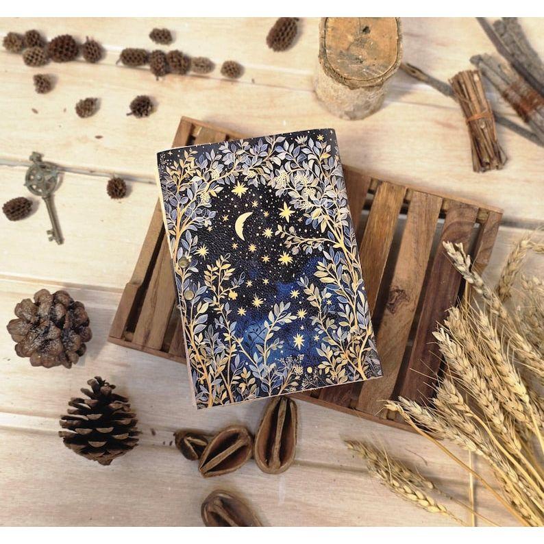 Grimoire Leather Journal • Moon And Tree Printed Blank Spell Book of Shadows Gifts For Women Vintage Journal.