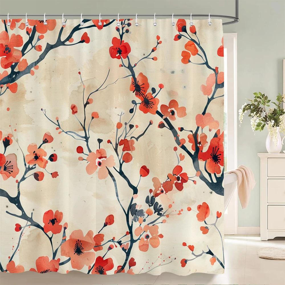 Japanischer Stil Blumen Vogel Duschvorhang Abstrakt Berg Rot Floral Pflanze Tuschekunst Landschaft Stoff Dekor Badezimmervorhänge