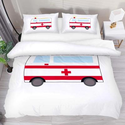 Krankenwagen Auto Königin König Bettbezug Weiß Cartoon Medizinisches Auto Bettwäsche-Set für Kinder Krankenhaus Rettungsfahrzeug Polyester Bettdeckenbezug
