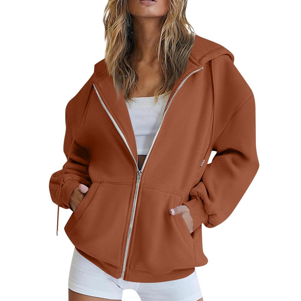 Women's  Fashion Zipper Hoodie Long Sleeve Hooded Pullover Sweatshirt Casual Solid Color Tops With Pockets