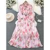 Stand Collar A- Line Printed Chiffon Pleated Elegance Dress