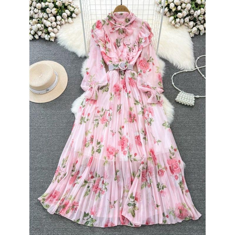 Stand Collar A- line Printed Chiffon Pleated Elegance Dress