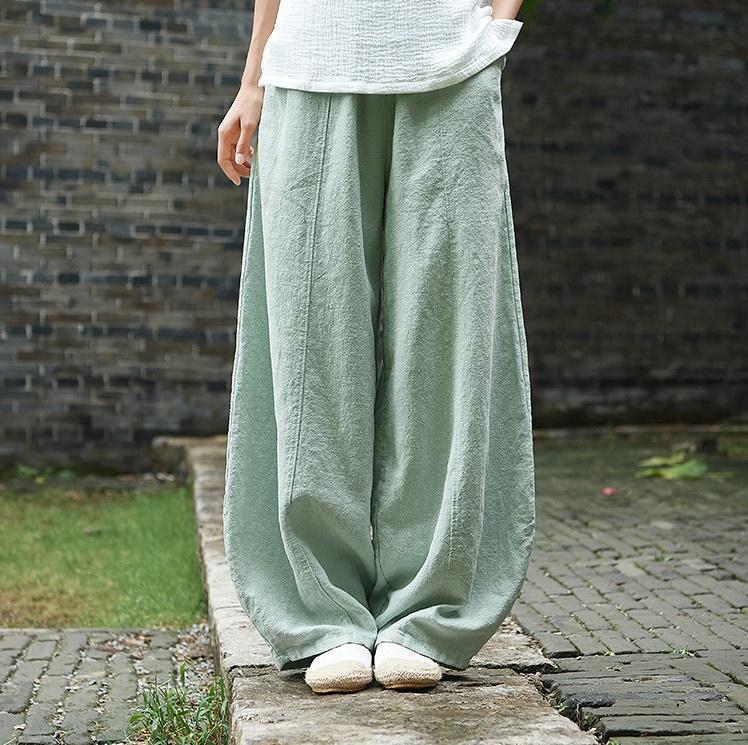 Spring Summer Women's Cotton Linen Style Wide Leg Pants Women Vintage Full Length Elegent Pants Solid Elasitic Waist