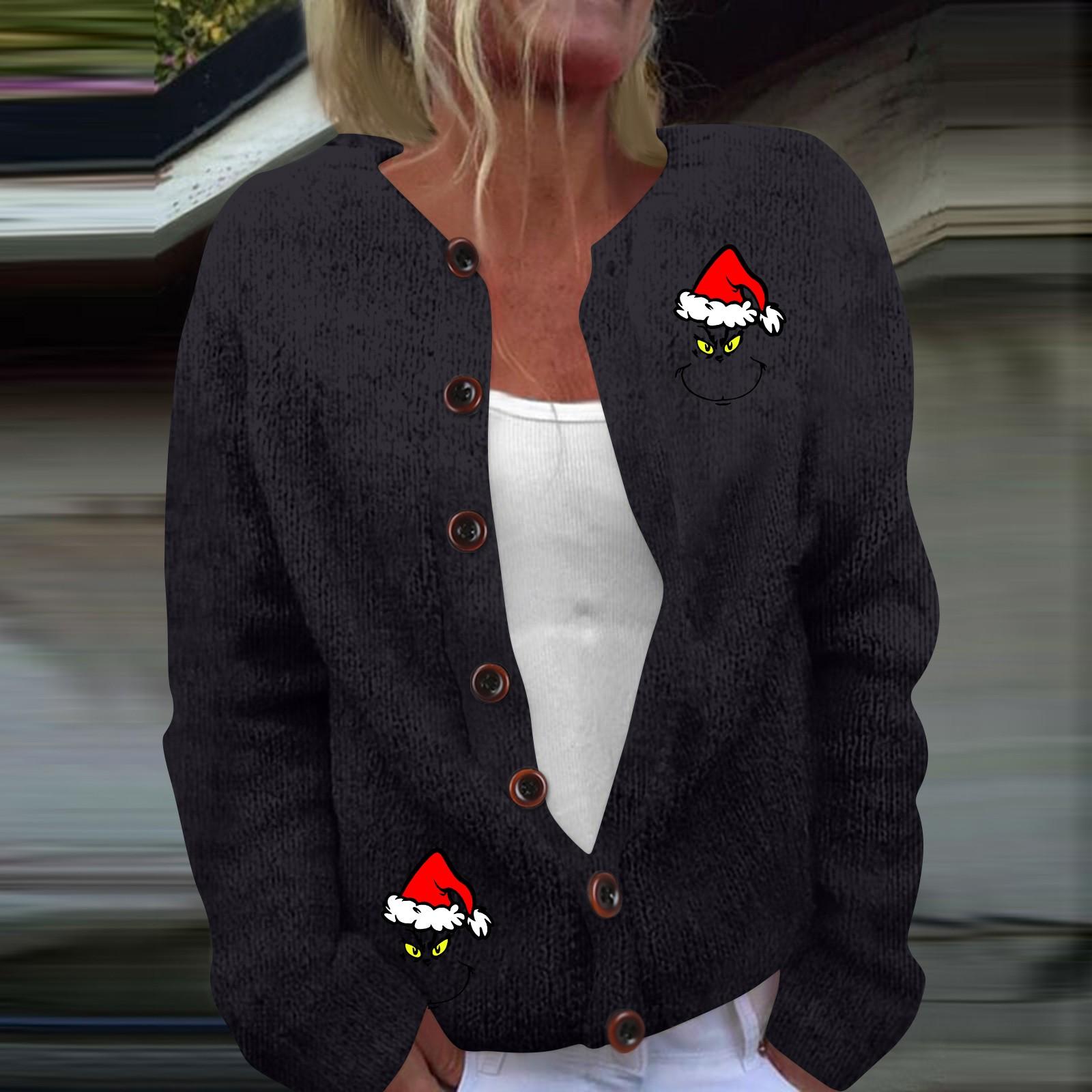 

Женская мода рождественский принт длинный рукав вязаный кардиган пуховик L чёрный