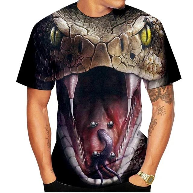 Summer Round Neck 3D Animal Snake Pattern Print Top Fashionable Casual Short Sleeved Men's T-shirts
