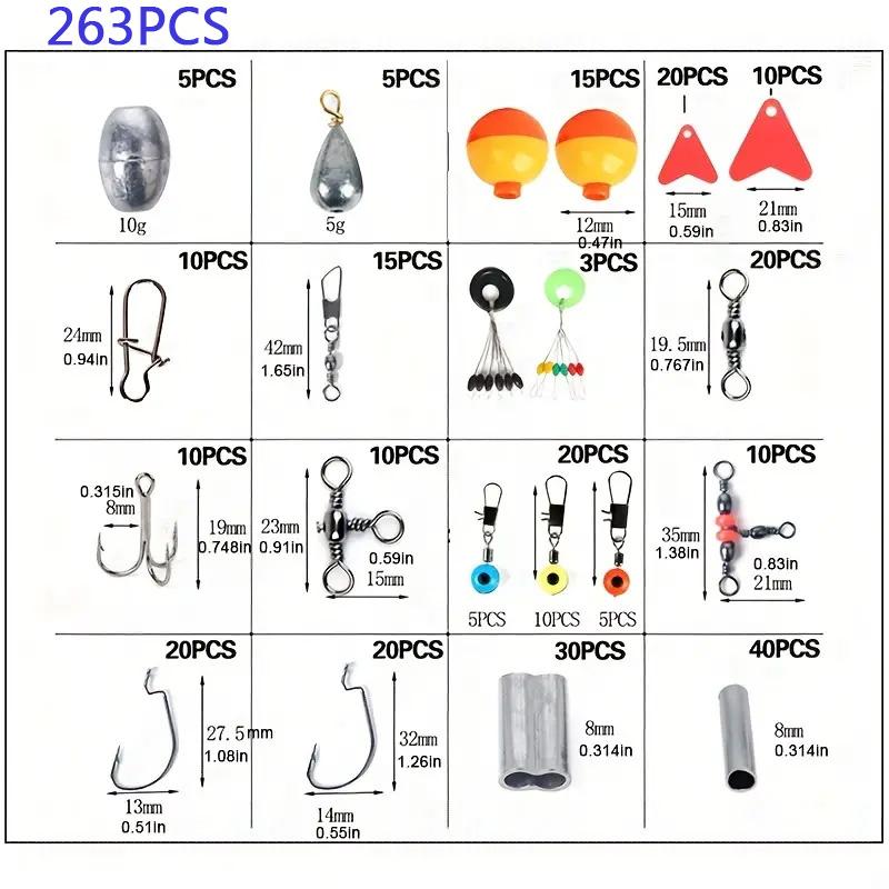 Angelzubehör-Set mit Tackle Box 263-teilig/Set inkl. Zange, Jighaken, Senkblei, Gewicht, Wirbel, Druckknöpfe, Senkblei, Gleitstücke