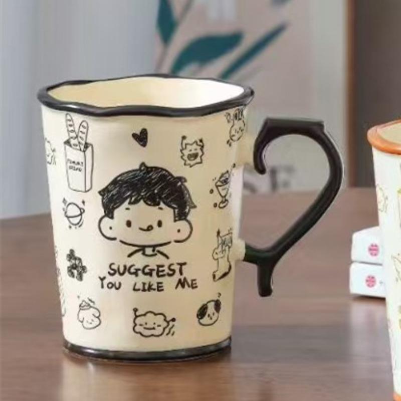 Cană Ceramică Creativă Personalizată pentru Cuplu cu Capac și Linguriță, Aspect Înalt, Capacitate Mare, Cană Cadou Mic pentru Fete, Pahar pentru Apă pentru Uz Casnic