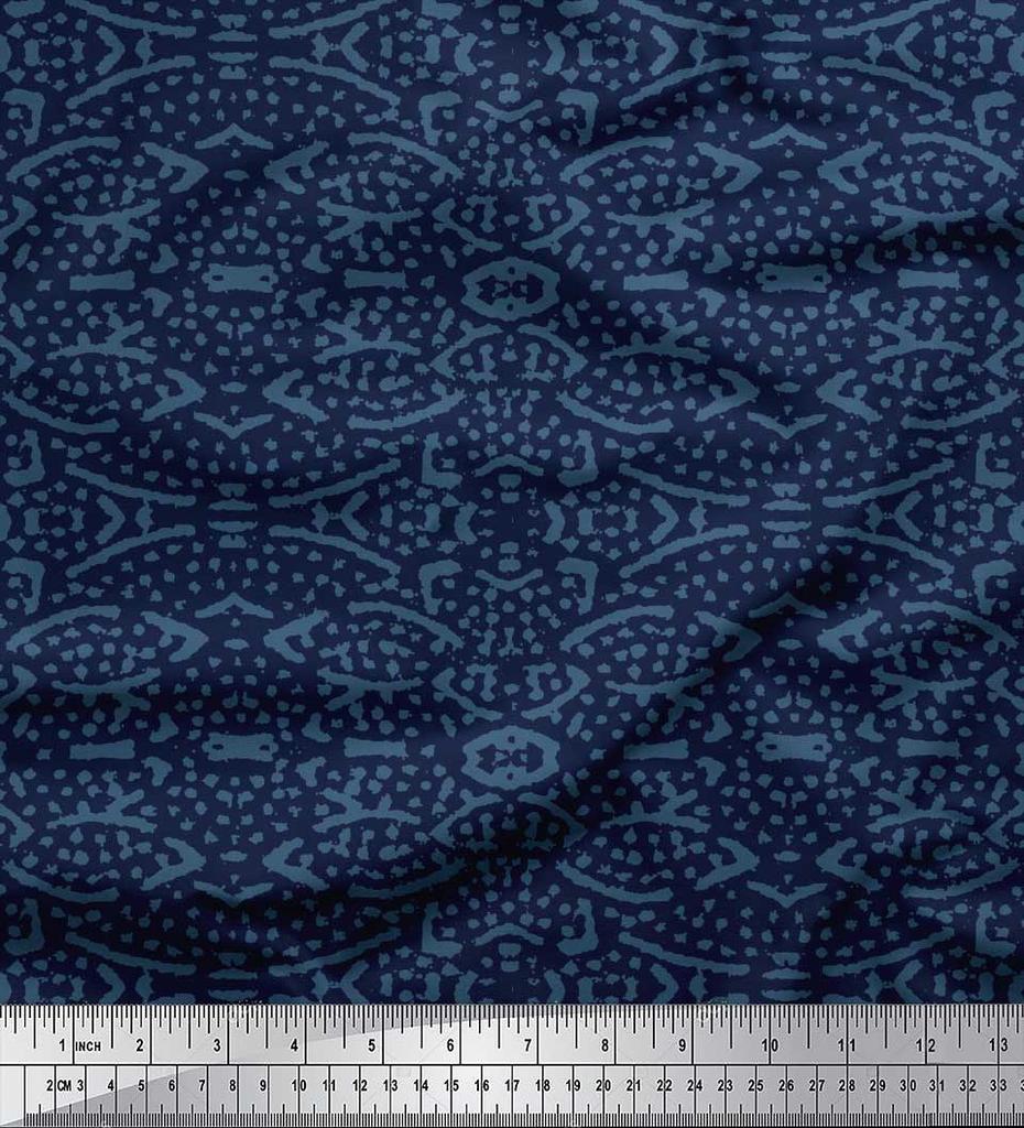 Soimoi Blue Poly Crepe Fabric Blocks Block Printed Craft Fabric by the Yard 42 Inch
