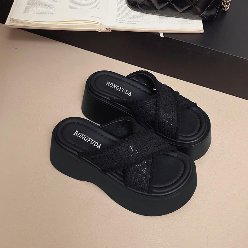 Small Height Increase Thick Bottom Cross Fashion Woven Slippers Women's Summer Wear Casual Vacation Seaside Beach Cool Slippers