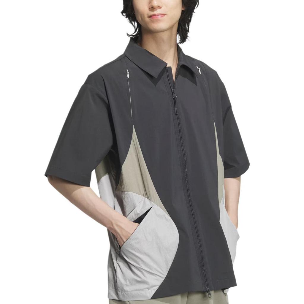 Adidas Future Style Zip Shirt Color Block Collar Casual Short Sleeve Shirt Men shirts Carbon-Black JL9960