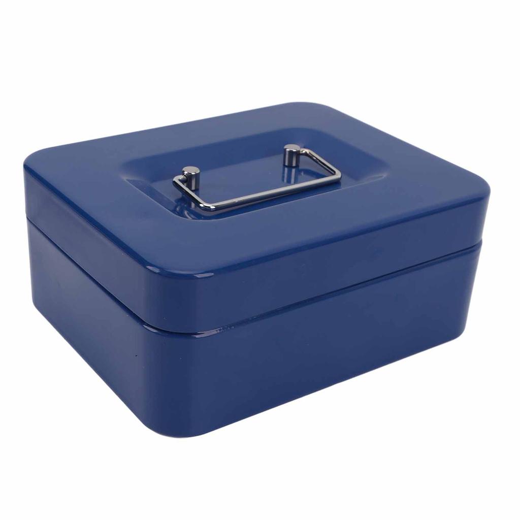 Liten låsbar kontantboks Bærbar dobbeltlags sikker metallpengekasse for hjem og kontor Blå