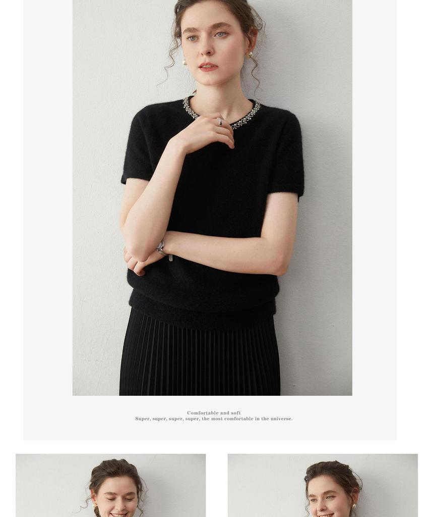 Women's Rhinestone Cashmere Sweater - Short-Sleeved, Skin-Friendly Knit, Round Neck, Perfect for Autumn/Winter.
