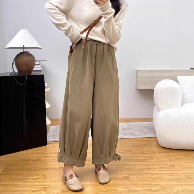 Johnature Japanese Corduroy Wide-leg Pants Women Autumn Loose Versatile Casual Retro Corset Pressed Pleated Pants