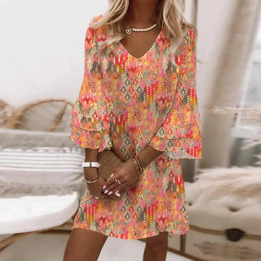 New, Fresh Printed V-Neck 3/4 Sleeve Mini Ladies Dress